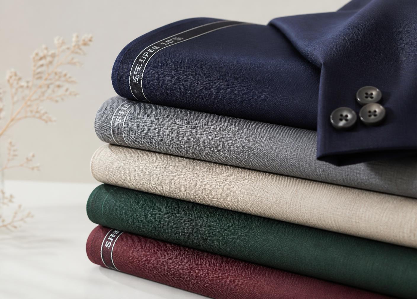Tessuti per abiti da sposo: lana blu, grigio, lino beige, verde e bordeaux